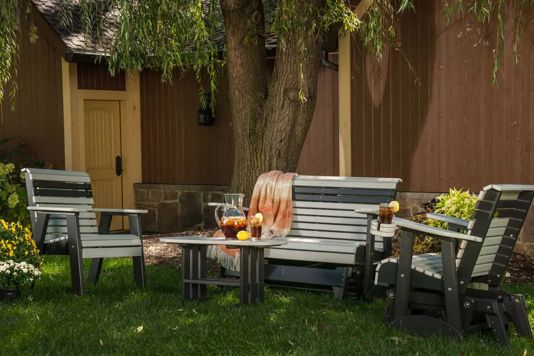 Poly outdoor furniture set arranged on a patio